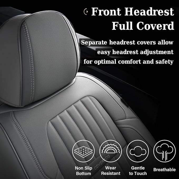 Coverado Front Seat Covers, Car Seat Cover, Gray Seat Covers for Cars, 2PCS Car Seat Protector, Waterproof Faux Leather Car Seat Cushion, Luxury Seat Cushions, Auto Seat Covers Fit for Most Vehicles