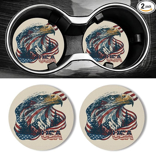 WOCOCN Car Coasters for Cup Holders - 2 Pack 2.75" Universal Rubber Car Cup Coaster, Non-Slip Waterproof Car Interior Accessories, Cute Car Decor Gifts for Women and Men (USA Eagle)