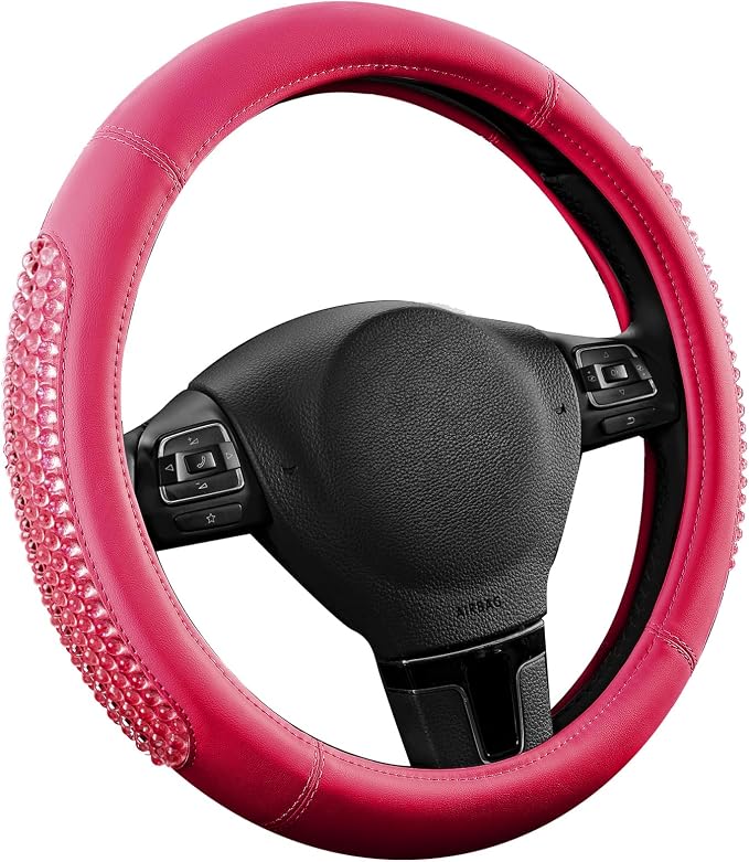 PIC AUTO Steering Wheel Cover, HotPink Leather, Fits 14.5-15.5 Inch Wheels | Universal Steering Wheel Cover with Anti-Slip Grip, Durable Car Interior Accessory, Fits Most Cars, SUVs, Trucks and Vans