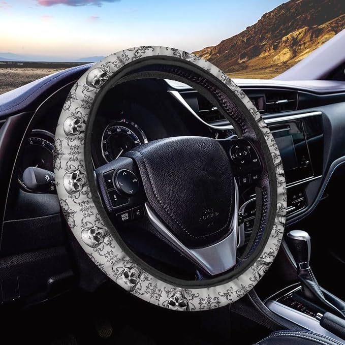 AFPANQZ Steering Wheel Protection for Most Cars Interior Accessories | Skull Bat Grey Automotive Steering Wheel Cushion, Halloween Decor, Anti-slip Universal 14-15 inch, Easy Install