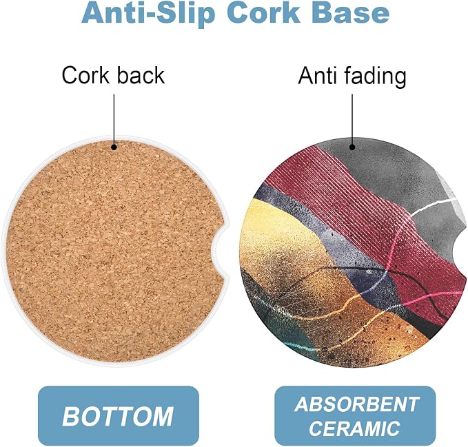 2 Pack Car Cup Holder Coaster, 2.63 inch Anti Slip Insert Absorbent Ceramic Car Coaster with Cork Base and Finger Notch, Cute Car Accessories Interior for Women, Cute Car Coasters., CH0025