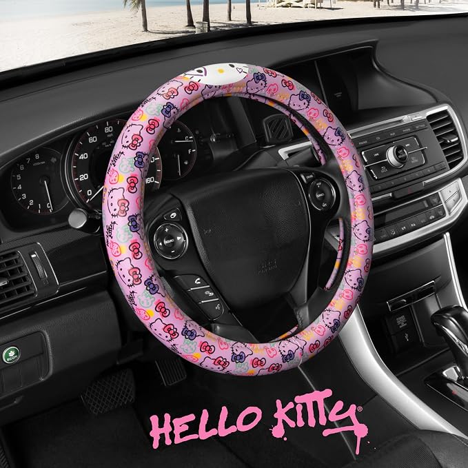 Sanrio Hello Kitty Lavender Doodle Car Steering Wheel Cover, Universal Fit Cute Accessories for Women Stylish Decor Gifts Hello Kitty Accessories - Fits Standard Wheels 14.5"-15"