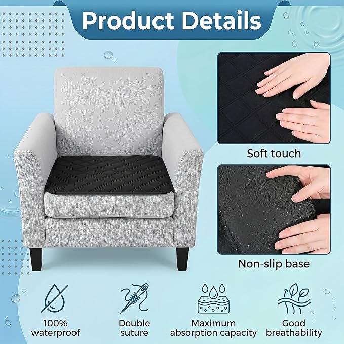 4 Pack Waterproof Chair Pads for Incontinence, 21" X 22" Absorbent Seat | Protector Pads Reusable Wheelchair Seat Pad Non-slip Waterproof Chairs Covers for Wheelchair, Bed, Elder and Pet