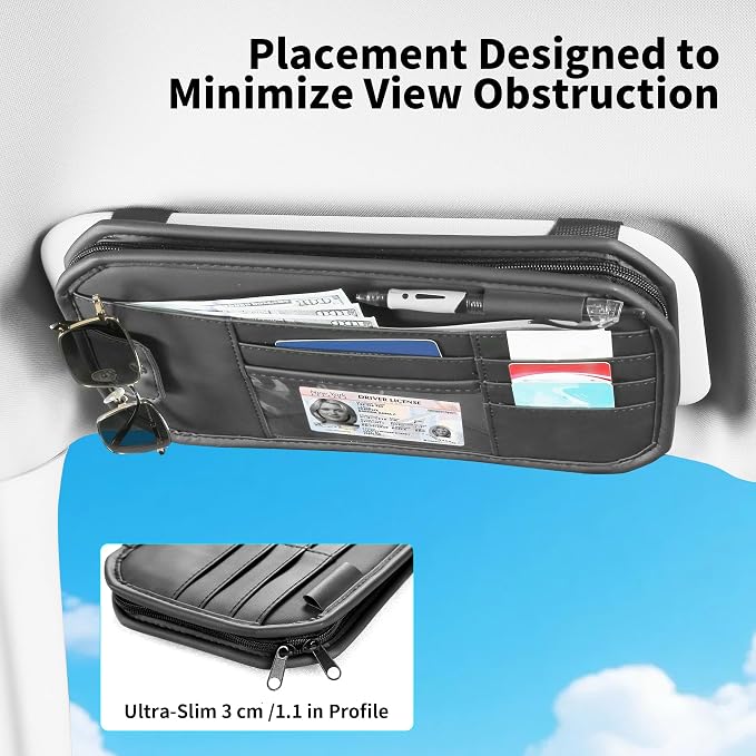 Car Sun Visor Organizer with Multi Pockets PU Leather Zipper Bag | Sunglass Holder with Elastic Straps and Glasses Clip Sunvisor Organizers Universal Fit for Trucks SUV Jeeps & Patrol Vehicles