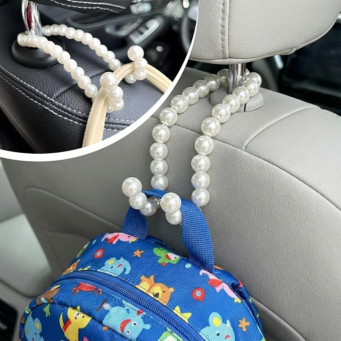 2 PCS Elegant Pearl Car Seat Headrest Hook, Strong Load-Bearing Vehicle Back Seat Hanger Cute Pearl Hook, Auto Decorative Headrest Storage Hanger for Purse Handbag Grocery Bag