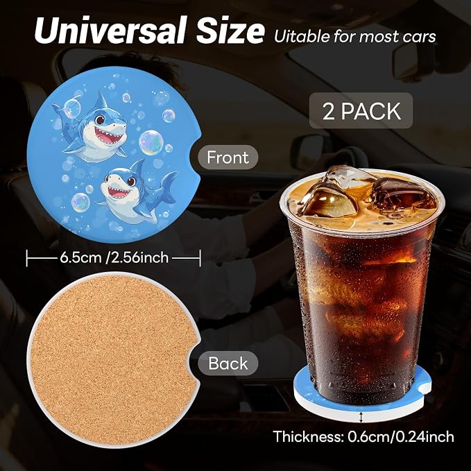 Car Cup Holder Ceramic Coasters 2 Pack, 2.56 in Anti Slip Absorbent Coaster with Cork Base and Finger Notch, Funny Cute Car Accessories Interior for Women, Dolphins