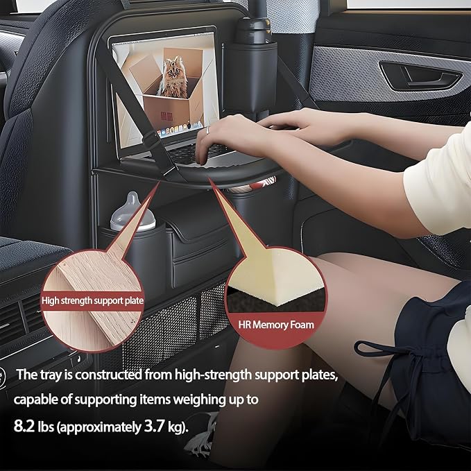 2 Pack Leather Car Backseat Organizer with Foldable Table Tray, Universal Car Seat Back Protector Kick Mat with Touchscreen Tablet Holder, Storage Pockets, Cup Holders & Tissue Holder, Black