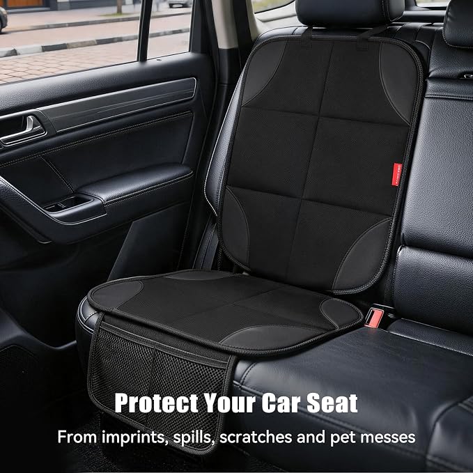 Car Seat Protector, Thick Padding and Upgraded Non-Slip Backing, 600D Waterproof Fabric Child Car Seat Cover with Mesh Pockets, No Imprints, Universal Fit for Car SUV Truck (Black 2pcs)