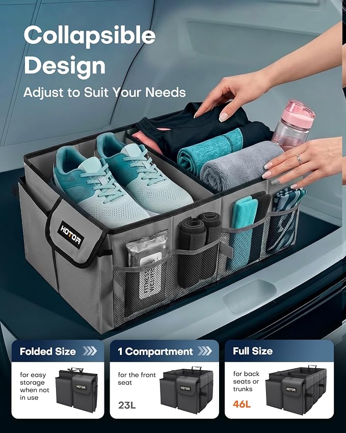 HOTOR Trunk Organizer for Car - Car Organizer, Foldable Trunk organizer for SUVs & Sedans, Sturdy Organization for Car Accessories, Tools, Sundries, Grey, 2 Compartments, 23.6"×14.2"×10.6"