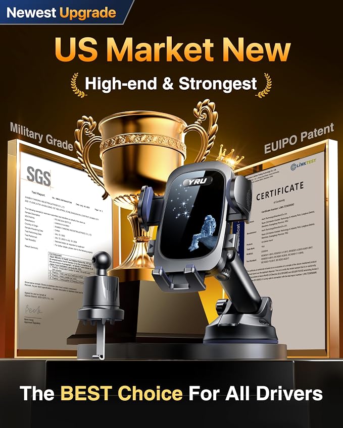 YRU True Military-Grade [360° Rotation Suction] 2026 Ultimate Car Phone Holder Mount【90+LBS Safest Strongest & Patent Certs】 Dash Windshield for iPhone 17 16 Pro Max Speakerphones, Blue Black