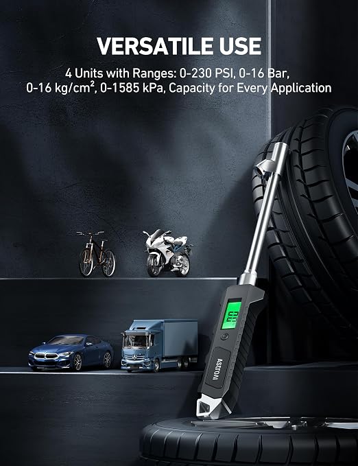 AstroAI Heavy Duty Digital Tire Pressure Gauge 0-230 PSI Calibrated to ANSI B40.7 Grade 2A (0.5%) with Backlit LCD & Flashlight, Stainless Steel for Truck RV Car Motorcycle Bike, 2Pack