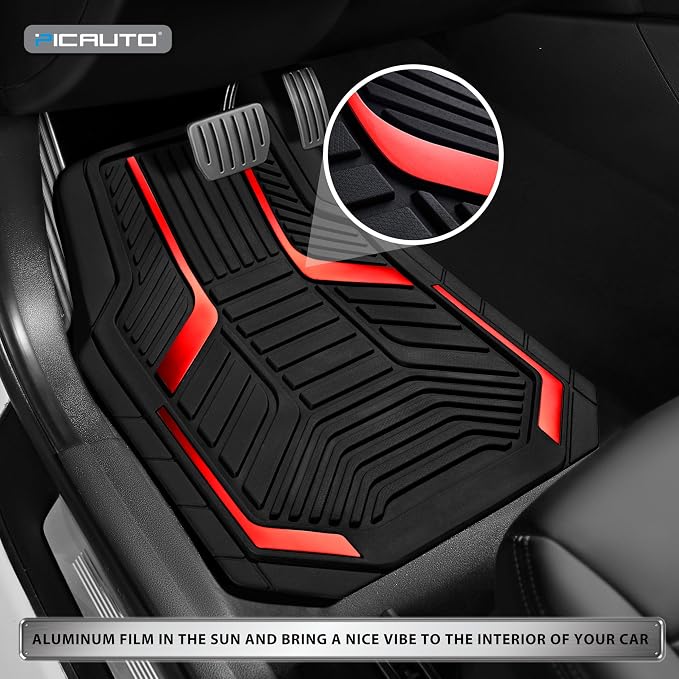 PIC AUTO Heavy Duty Rubber Floor Mats, Red Aluminum Film Car Mats Set, Front and Rear Car Mats with Anti-Slip Backing, All Weather Protection, Trim-to-Fit for Automotive SUV, Sedan, Van