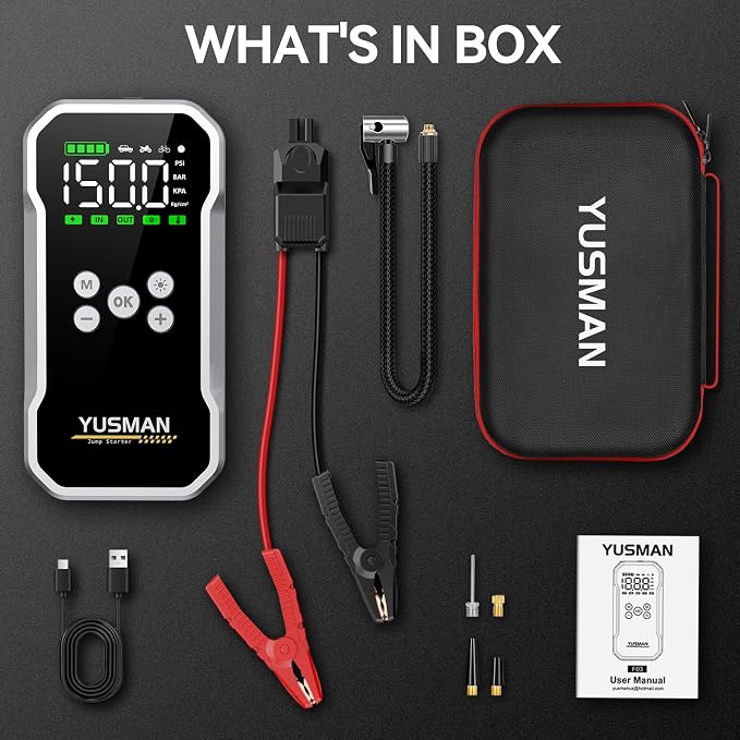 Jump Starter with Air Compressor, 8000A 160PSI Battery Booster Pack | For 12V vehicles, 10.0L gas and 7.0L diesel, with display, smart clamps, tire inflator, 2 USB-A ports, and 2 LED lights