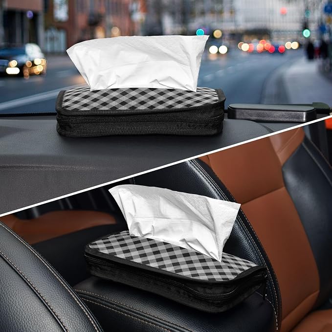 Car Visor Tissue Holder Mask Holder for Car, Car Tissue Box Sun Visor Napkin Holder Car Visor Accessories Adjustable Straps Reusable Durable Easy to Install Black and Grey Gingham