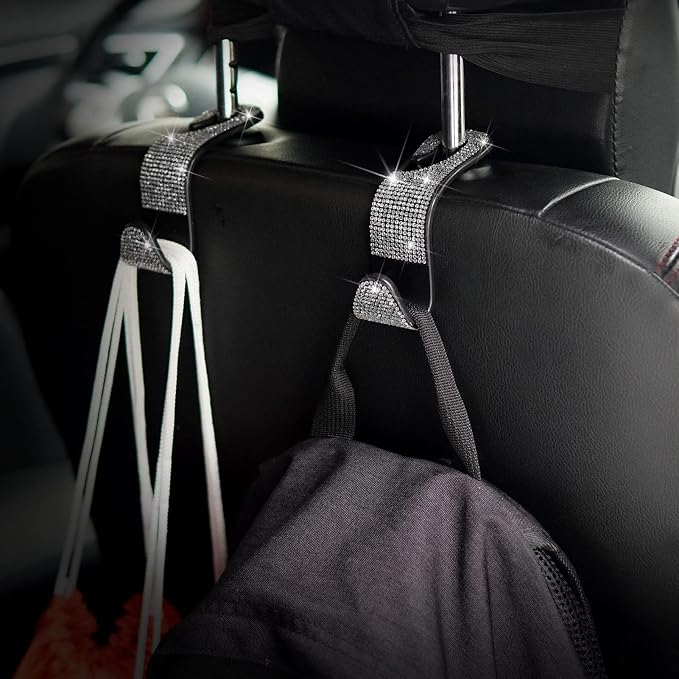 Car Purse Hook Bling Car Headrest Hook for Women Girls, 4 Packs Auto Back Seat Hangers Rear Headrest Hook for Purse, Bag, Handbag, Grocery (Silver)