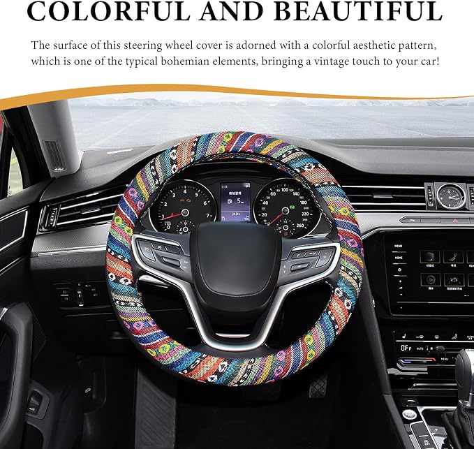 Boho Steering Wheel Cover, 15 Inch Coarse Flax Cloth Ethnic Style Anti-Slip Car Wheel Wrap, Universal Breathable Bohemian Steering Wheel Protector for Cars Vans Trucks (A)