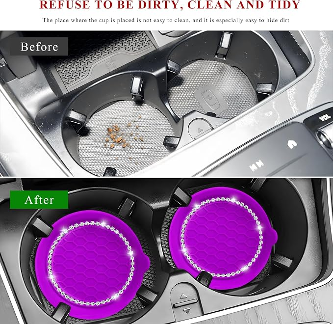 Sun Walker 4 PCS Bling Car Cup Holder Coaster, Non Slip Sparkly Rhinestone Cup Holder Pad Insert Coaster, Shockproof Silicone Shiny Embedded Drink Mat Interior Decor for Most Vehicles (Dark Purple)