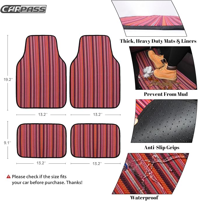 CAR PASS Carpet Floor Mats Full Set Front and Back Universal fit for Suvs,Vans,Trucks, 4 Pieces (Red)
