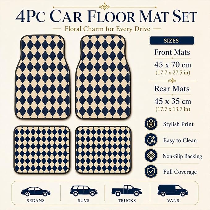 Diamond Car Floor Mats Set of 4 Navy Cream Geometric Car Accessories Foot Mats Rugs, Non-Slip,Decor for Universal Fit for Suvs Sedans Trucks Cars Auto Floor Carpets Rugs All-Weather