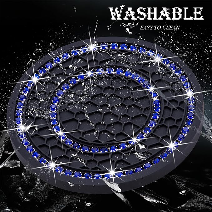 4PCS Bling Crystal Rhinestone Cup Holder Coaster, 2.75 inch Soft Silicone Anti-Slip Shockproof, Car Cup Holder Insert Coasters, Universal Car Interior Accessories for Women (Black & Blue)