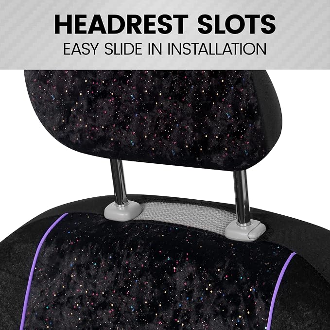 BDK Black Stardust Car Seat Covers for Front Seats, 2 Count.Glitter Pattern Front Seat Cover Set with Matching Headrest, Sideless Design for Easy Installation, Fits Most Car Truck Van and SUV (1 Pack)