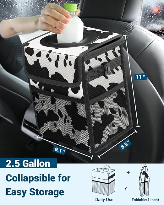 Capolo Car Trash Can with Lid, Leakproof Car Trash Bag Hanging Waterproof Automotive Garbage Can with Storage Pockets Mini Vehicle Trash Bin for Back/Front Seat(Cow Print,2.5 Gallon)