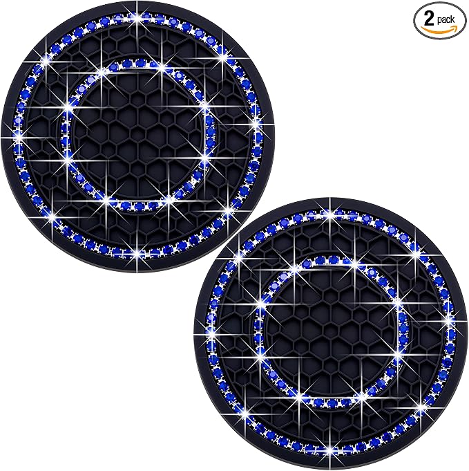 2PCS Bling Crystal Rhinestone Cup Holder Coaster, 2.75 inch Soft Silicone Anti-Slip Shockproof, Car Cup Holder Insert Coasters, Universal Car Interior Accessories for Women (Black & Blue)