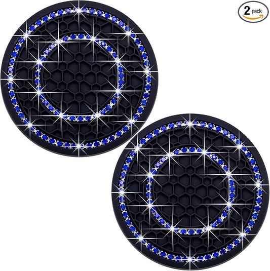 2PCS Bling Crystal Rhinestone Cup Holder Coaster, 2.75 inch Soft Silicone Anti-Slip Shockproof, Car Cup Holder Insert Coasters, Universal Car Interior Accessories for Women (Black & Blue)