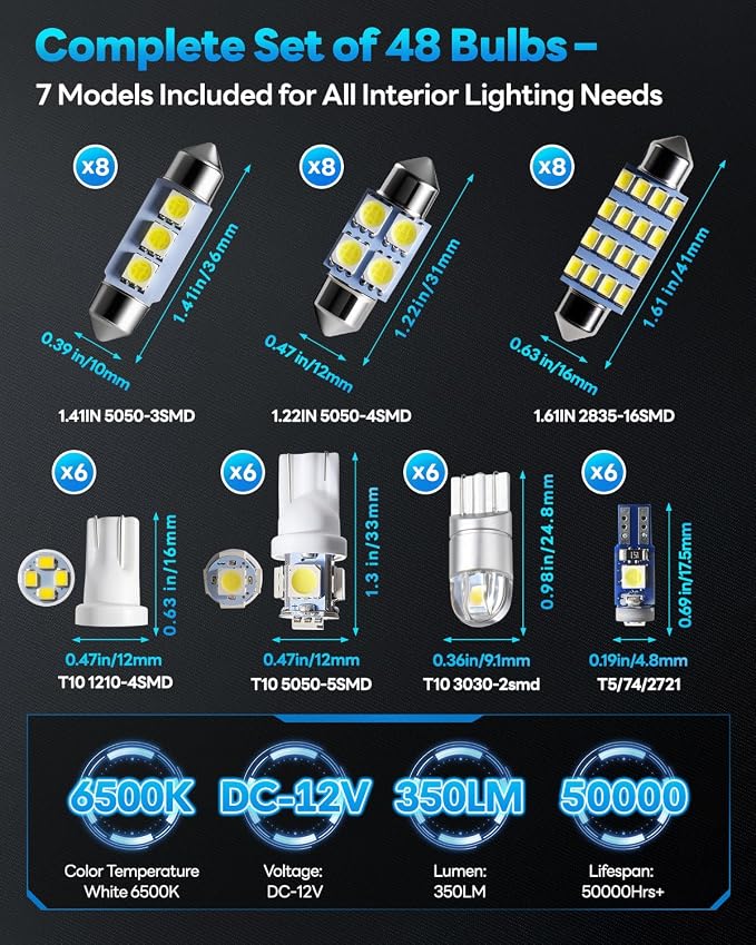 48Pcs Led Interior Car Lights Kit, 6500K White Interior Bulbs Replacement (194 T10 DE3175 W5W 168 578 2825 T5 31mm 36mm 41mm), Dome Map Dash Door Trunk License Plate Lights for Cars Trucks RVs