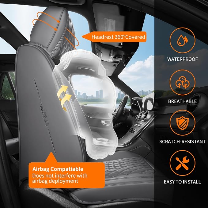 Gray High-Density Nappa Leather Automotive Car Seat Covers Full Set | Univerasal Precision Fit,3D Contoured,Full Coverage,Waterproof,ThickTexture Nappa Leather,for most Suvs Trucks Sedans