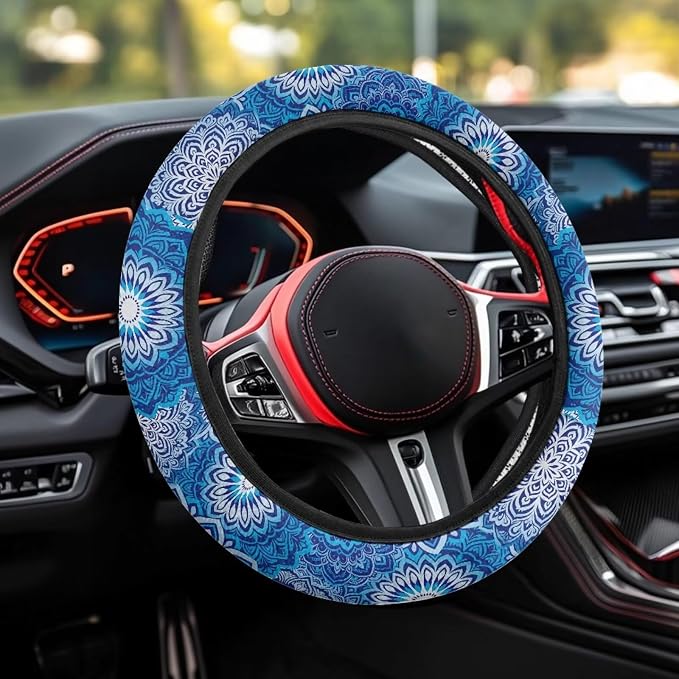 AFPANQZ Elastic Steering Wheel Cover Non-Slip Protection for Women Men | Comfort Anti-slip Safety Stretch-on 14-15 inch, Blue Boho Flower Easy Fix Machine Washable Steering Wheel Protection
