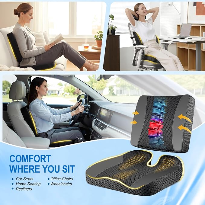 Lofty Aim Car Seat Cushion with Back Support, Lumbar Support Pillow Set | Memory Foam Car Seat Cushions for Driving, Office Chair Cushions for Back and Butt, Support for Trucks, Office Chairs, Black