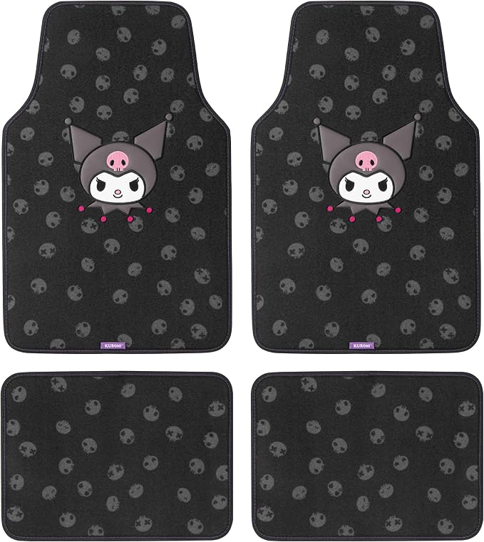 Kuromi Carpet Car Floor Mats - Universal Fit for Cars, SUVs & Trucks - Black with Kuromi Print & Purple, Pink Accents - Front & Rear Set, 4 Piece