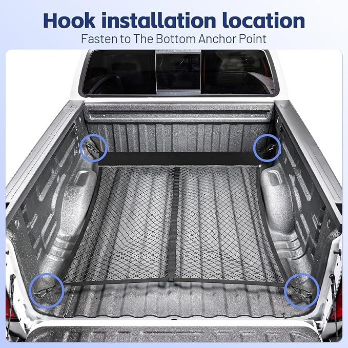 Cargo Net for Ford F150/F250/F350/F450 2015-2026, Nissan Titan 2016-2024 | Heavy Duty Truck Bed Organizer, Highly Elastic Tailgate Net with Carabiners, Weatherproof Mesh Cover with Attached Zipper Bag