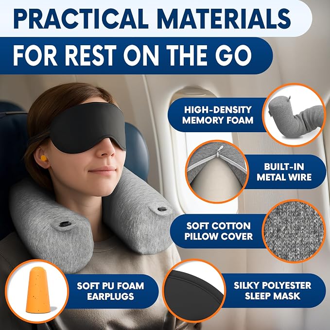 Twist Memory Foam Neck Pillow Travel Airplane, Car & Train - Adjustable & Bendable Airplane Pillow for Long Flight, Breathable, Washable Cotton Cover, Eye Mask & Earplugs | Neck, Chin & Lumbar Support