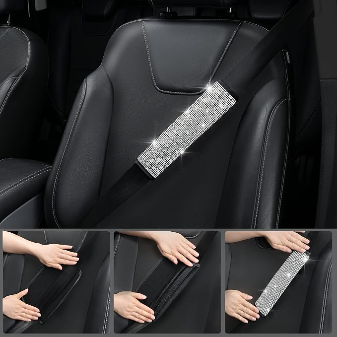 CAR PASS 23 PCS Bling Diamond Car Accessories Set for Women, Leather Seat Covers Full Set Sparkly Rhinestone15'' Steering Wheel Covers Shining Car Floor Mats Cute Aotumotive Interior Sets, Silver