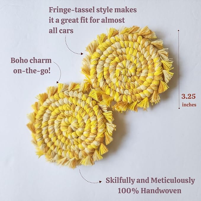 Cotton Car Coasters 2pc Car Cup Coasters Cute car Accessories for Women car Coaster for Cup Holders (Lemon Drop)