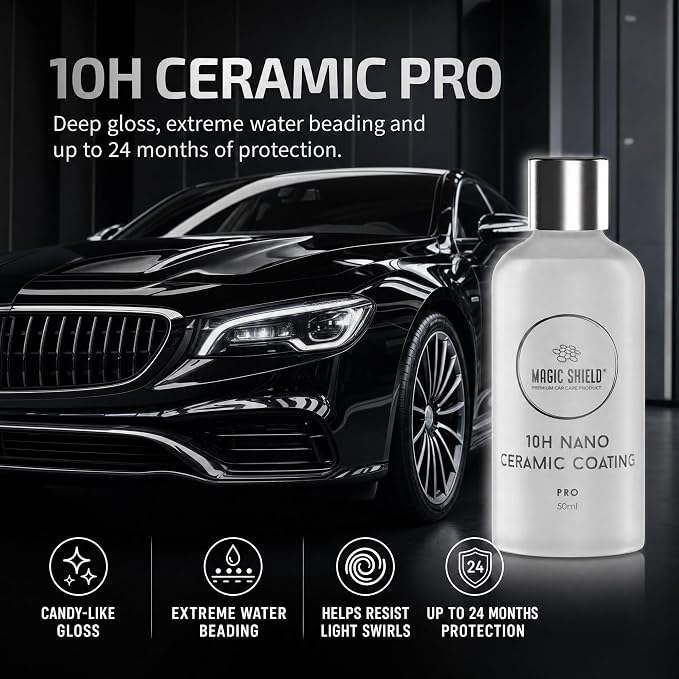 Magic Shield Ceramic Coating PRO 10H - Self-Healing | Long lasting for 2 cars+ | Advanced SiO2 Protection | Easy Application | Candy-Like Gloss | Perfect for Cars, Motorcycles, RVs, and Boats (50ml)