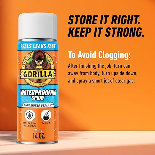 Gorilla Waterproofing Spray White, Flexible Rubberized Sealant Coating, Paintable UV Resistant, Seals Water Air Moisture, 16 oz (Pack of 2), for Roofs Gutters Skylights RVs Windows & More
