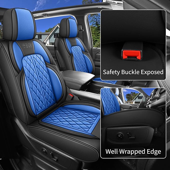 Car Seat Cover Custom Fit for Ford F150 2009-2026 Faux Leather Seat Cover Set Compatible with Regular Cab Super Cab Super Crew Pickup Truck Cushions (Black & Blue, Front Seat)