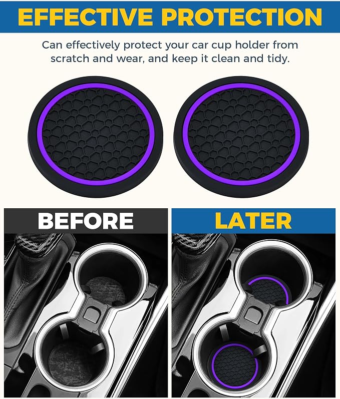 4PCS Car Coasters, Car Accessories Interior, 2.75 Inch Non-Slip PVC Coasters for Cup Holders, Universal, Black&Purple