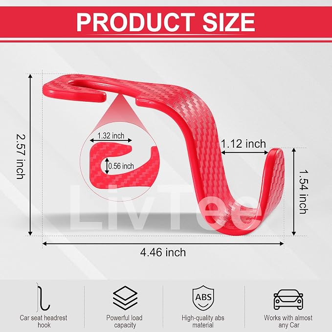 LivTee Car Purse Hook, Headrest Hook for Car, 4 Pack Universal Auto Car Seat Headrest Hook Hangers Organizer for Purse Coat Umbrellas Grocery Bags Handbag, Car Accessories - Carbon Fiber Red