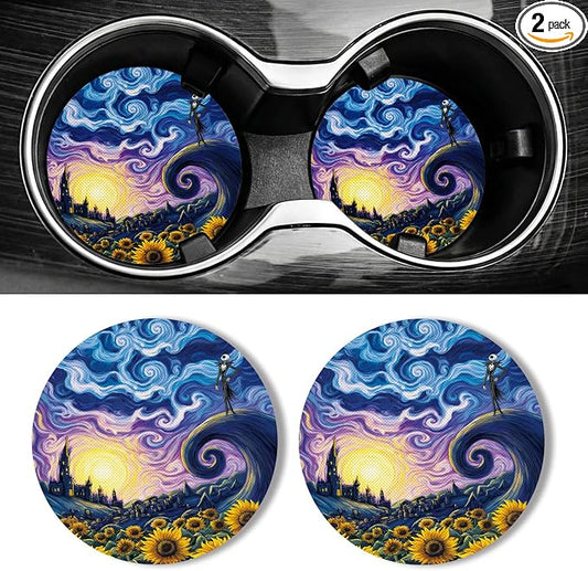 WOCOCN Car Coasters for Cup Holders - 2 Pack 2.75" Universal Rubber Car Cup Coaster, Non-Slip Waterproof Car Interior Accessories, Cute Car Decor Gifts for Women and Men (Sunflower Starry Sky)