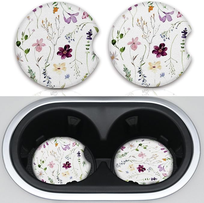 Wildflowers Universal Auto Anti Slip Insert Coasters, 2 Pack Rubber Car Coasters with A Finger Notch