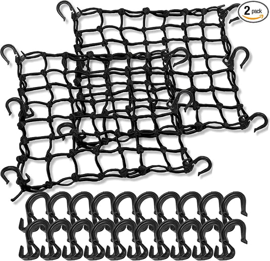 2 Pack 15"X15" Motorcycle Cargo Net Stretches to 30"x30", 2"x2" Tight Mesh,Total 20 Hooks, Cargo Nets for Motorcycle Luggage Bike Basket, Luggage Rack ATV Rack Snowmobile Cargo Helmet Net