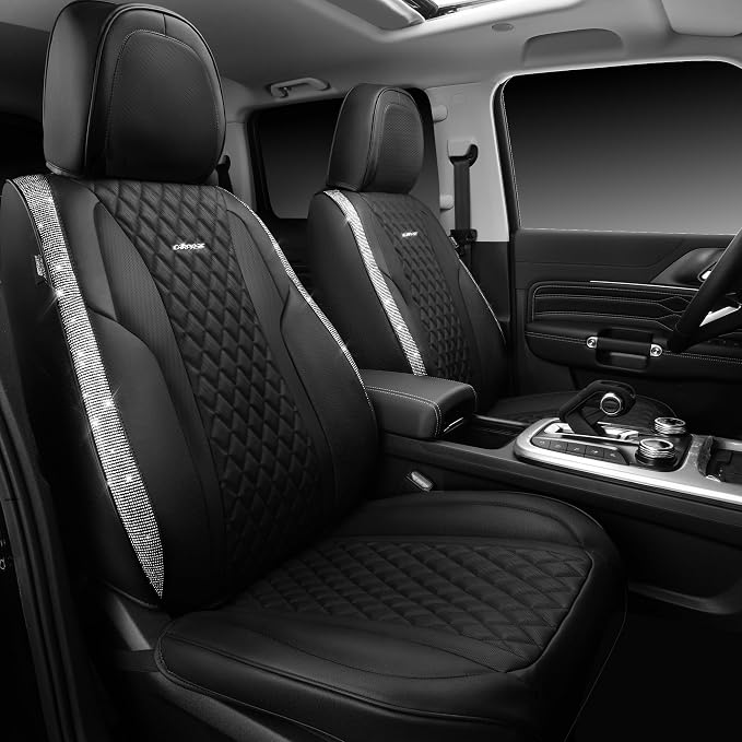 CAR PASS Bling Leather Car Seat Covers & Black Nappa Leather Calfskin Seat Cushioned Protector, Waterproof Anti-Slip Universal Fit SUV Truck Sedan, Glitter Sparkly Shining Rhinestone, Silver Diamond