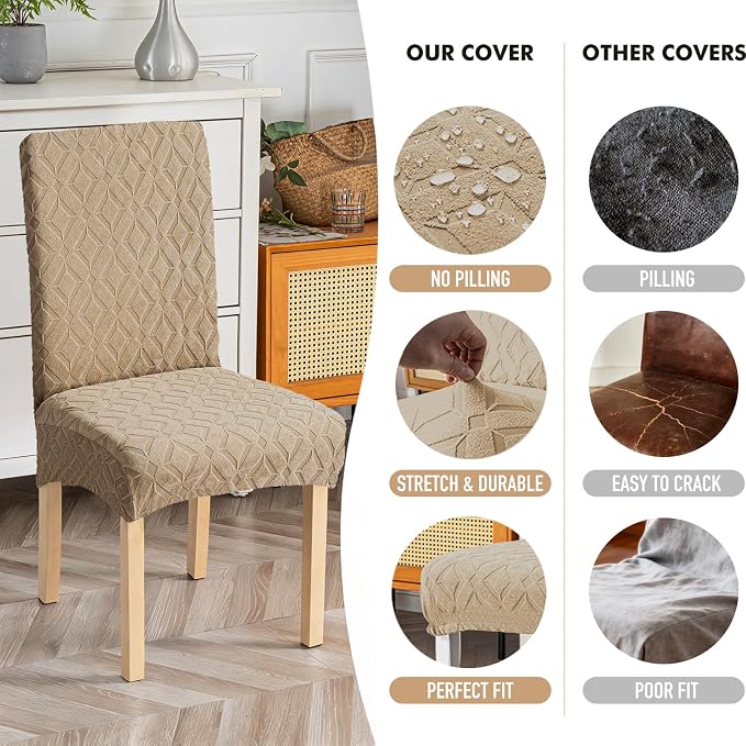 Genina Waterproof Chair Covers for Dining Room Set of 6, Removable Washable Chair Slipcover Protectors, Large Khaki