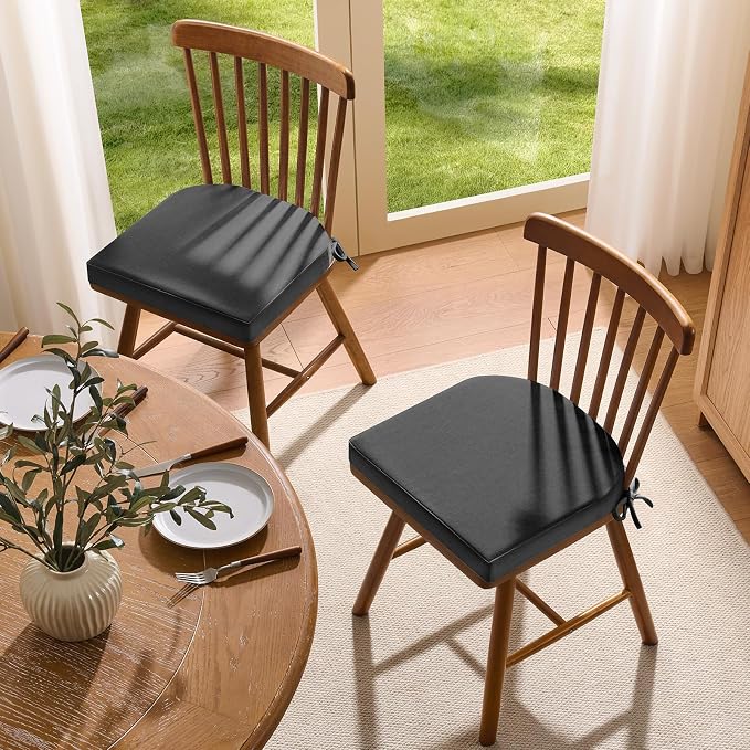 downluxe Chair Cushions for Dining Chairs, Memory Foam Linen Kitchen Chair Pads with Ties, Waterproof, Stain-Resistant and Washable Cover, 17" x 16" x 2.5", Dark Grey, 6 Pack