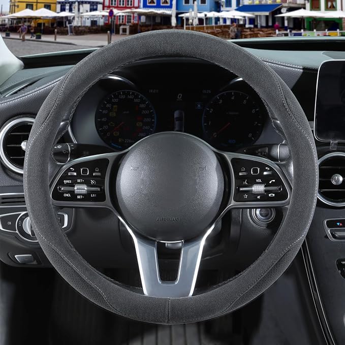 Gray Suede Steering Wheel Cover Large 15.5 inch to 16 inch | Warm in Winter and Cool in Summer, Breathable Non-Slip Sweat-Proof Wear-Resistant for Model X Model S Ford F150 F250 F350