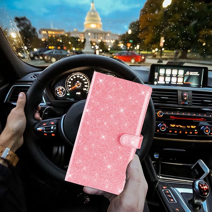 TOURSUIT Car Registration and Insurance Card Holder, Glitter Pink | Vehicle License Document Organizer, Glove Box Compartment, Interior Car Accessories, For Women Men